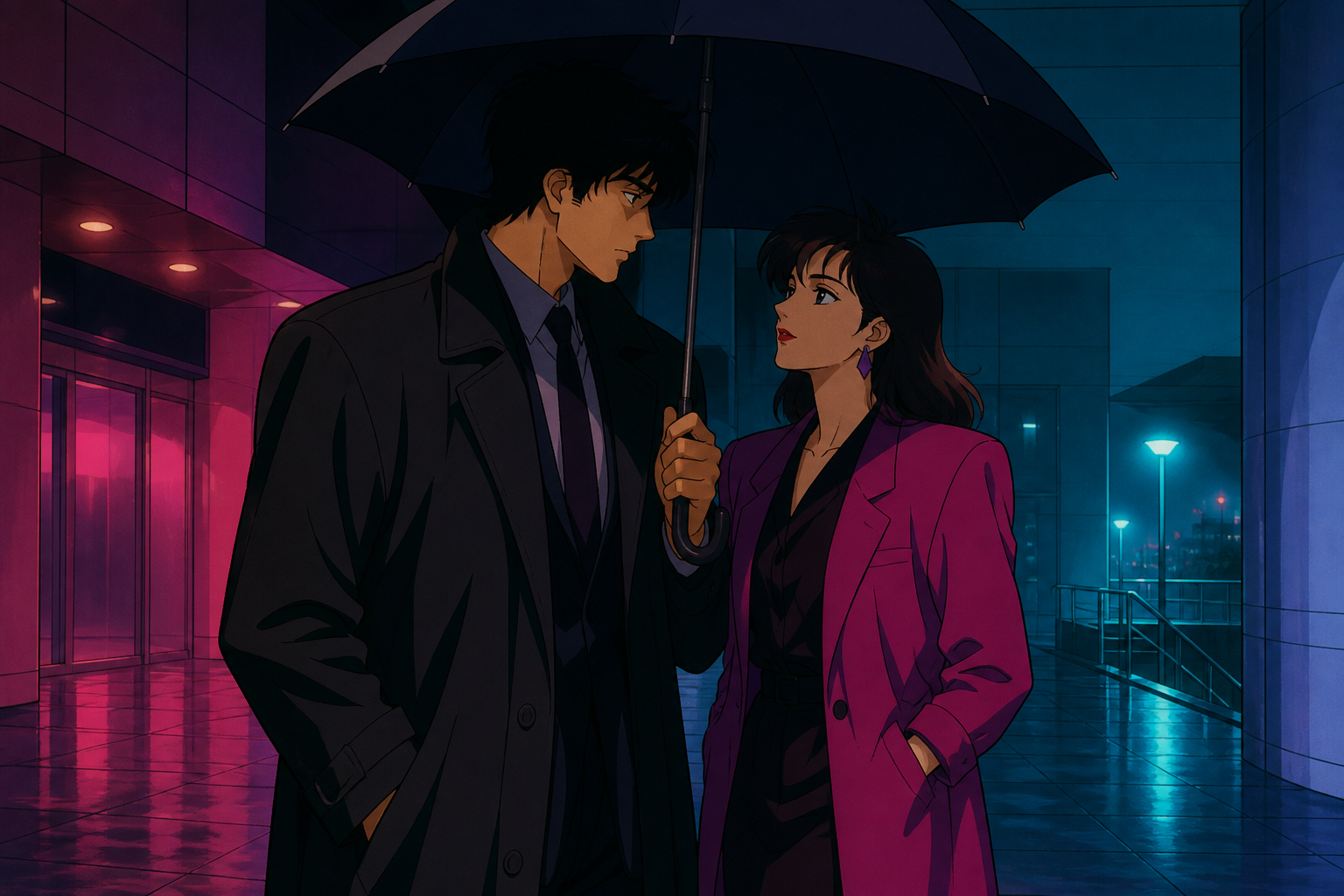 Two adult rivals sharing an umbrella after missing the last train, captured through a small gesture rather than an exaggerated embrace. Cinematic two-person frame using architecture and negative space to express the rela