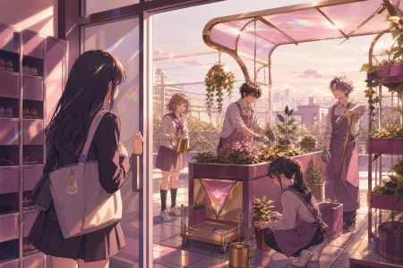 A shy transfer student discovering the rooftop gardening group, on the morning of a school festival before visitors arrive. Ensemble frame with each student's role readable at a gl