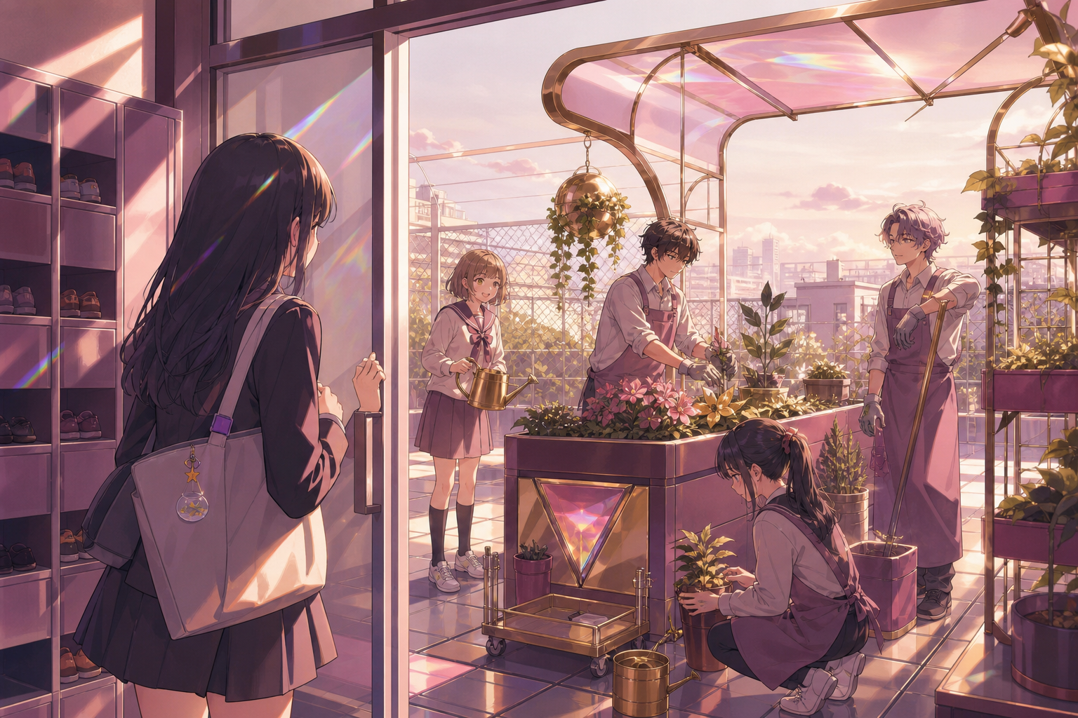 A shy transfer student discovering the rooftop gardening group, on the morning of a school festival before visitors arrive. Ensemble frame with each student's role readable at a glance. Muted rose, parchment, muted plum,