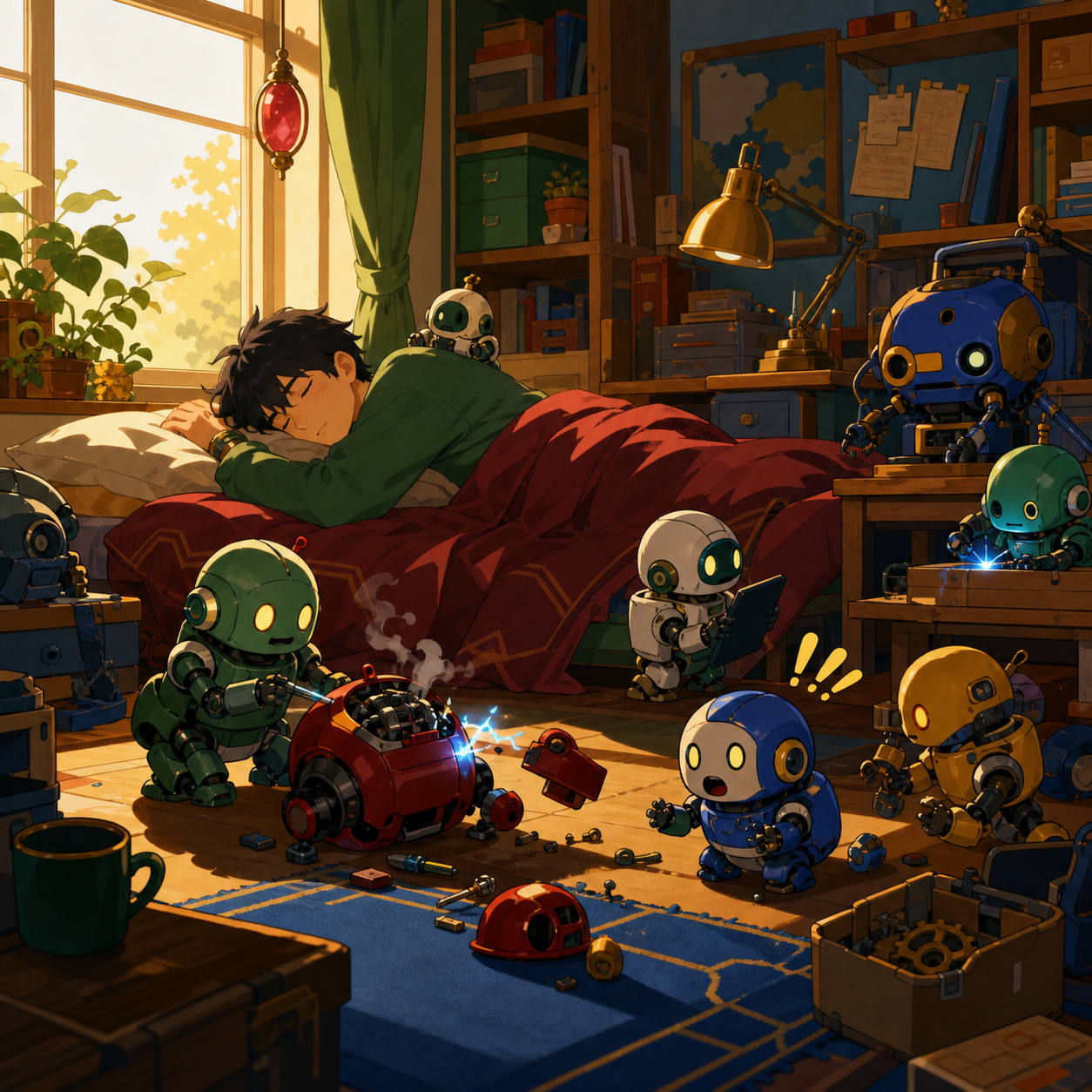 A cluttered bedroom workshop where miniature robots repair one another, during a quiet afternoon nap interrupted by one small mishap. Inviting room-wide composition with several discoverable details. Emerald, stained-gla
