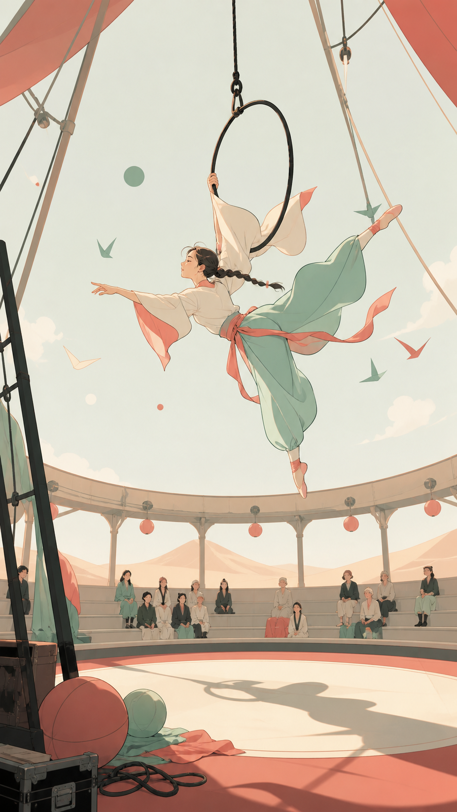 An acrobat performing above a quiet audience in a circular desert pavilion, during rehearsal with visible stagecraft adding to the charm. Stage-wide composition using negative space to emphasize movement. Celadon, coral 