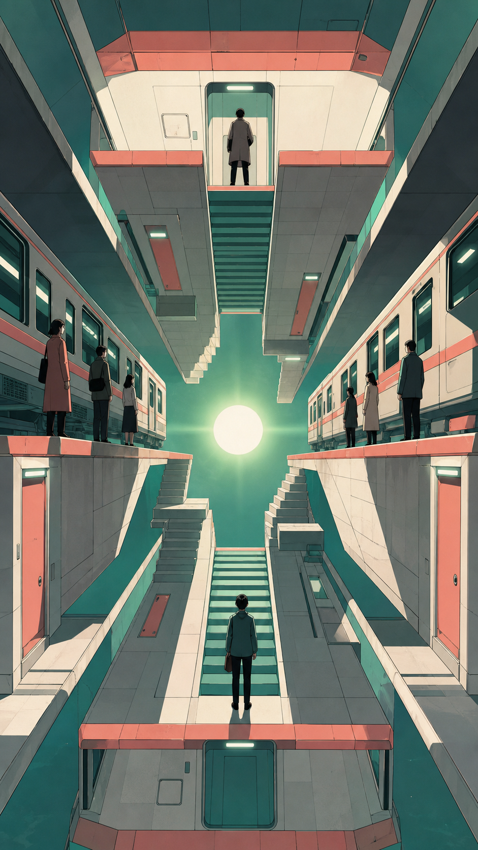 Commuters waiting on platforms arranged across opposing gravity fields, with the spatial paradox presented cleanly and immediately readable. Carefully centered architectural view exposing the complete paradox. Sea-glass 