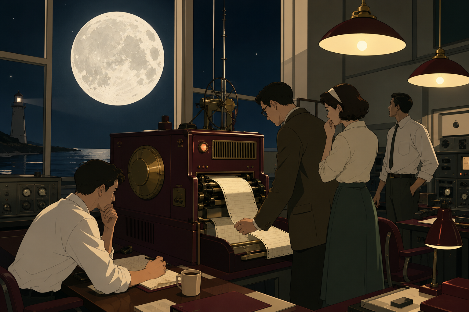 A 1960s coastal research office receiving the first message from beneath the moon, with the alternate technology integrated naturally into its era. Observational workplace view where the unusual machine feels routine. Bu