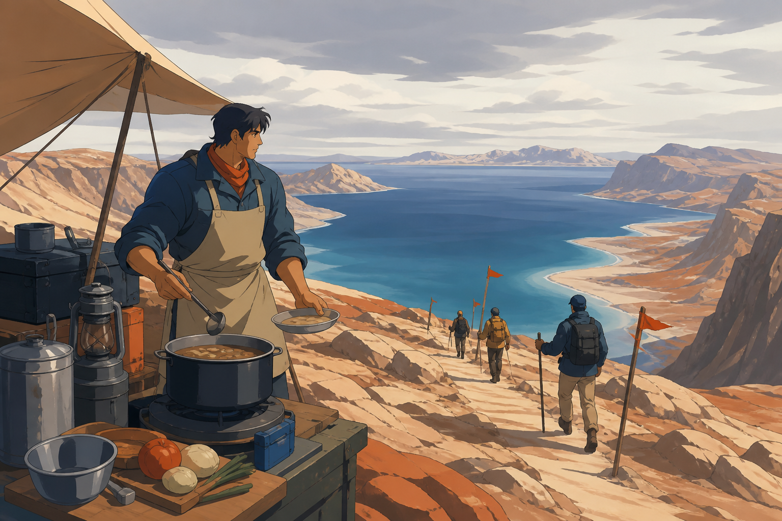 An expedition cook preparing supper beside a newly discovered inland sea, shown through preparation and curiosity rather than peril. Expansive landscape with the expedition following a readable route. Sun-bleached peach,