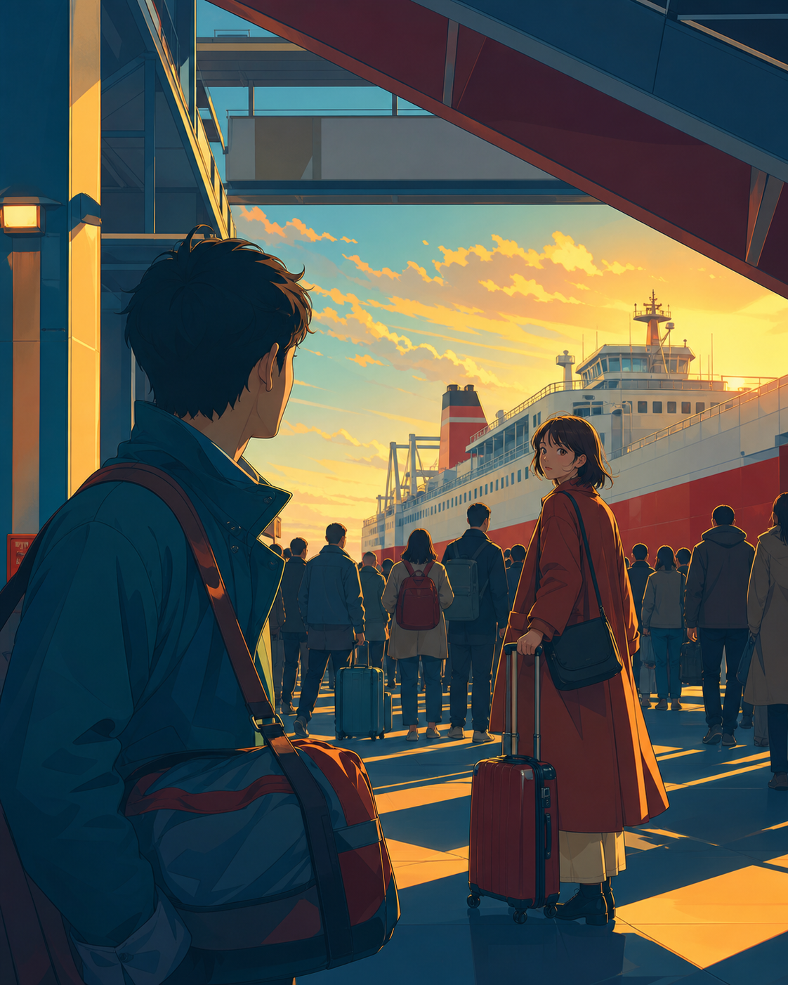 Two adult travelers recognizing one another across a crowded ferry terminal, in a private-feeling moment surrounded by ordinary public life. Cinematic two-person frame using architecture and negative space to express the