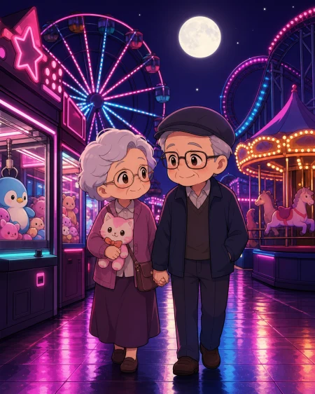 An elderly couple revisiting the arcade where they first met, during a joyful evening built from lights, rides, and small relationships. Quiet walkway perspective after closing wit
