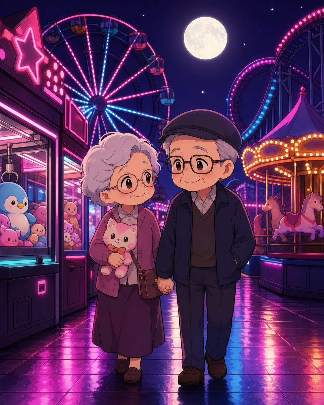 An elderly couple revisiting the arcade where they first met, during a joyful evening built from lights, rides, and small relationships. Quiet walkway perspective after closing with one whimsical event. Saturated magenta