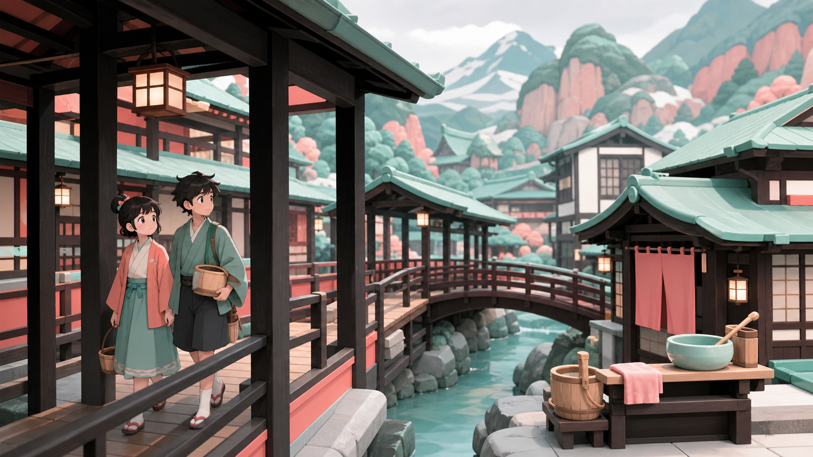 Teenage siblings exploring a maze of covered wooden walkways, during the peaceful hour before the first guests wake. Wide mountain-town establishing shot balanced by a small family group. Celadon, coral pink, ink black, 
