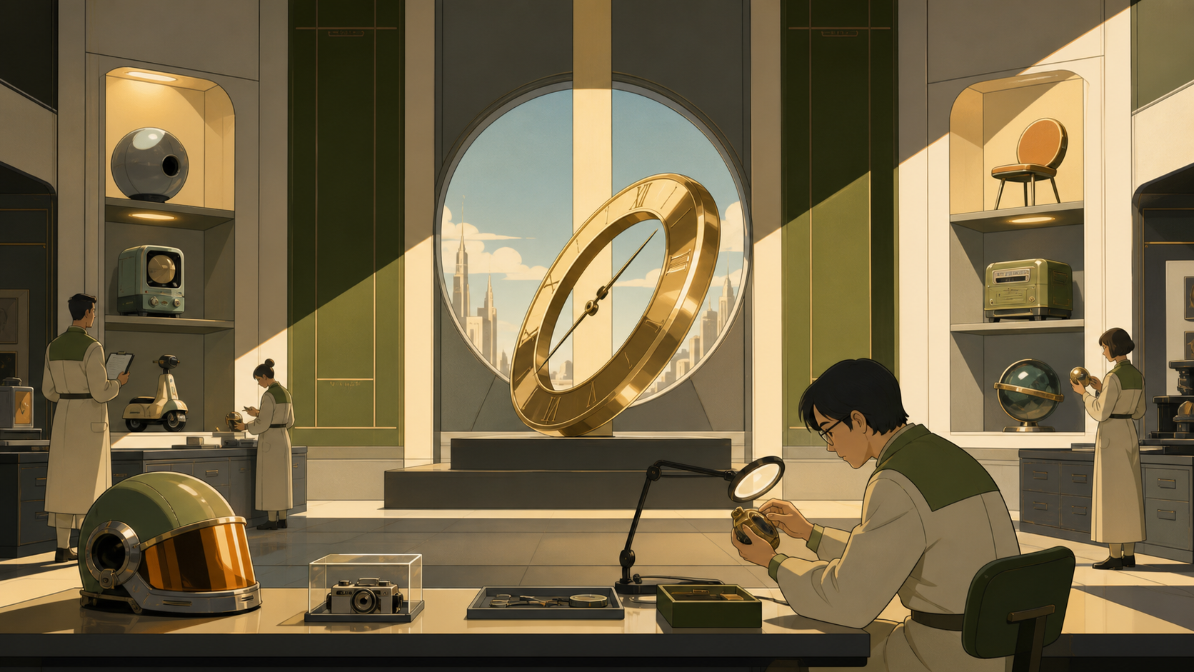 A conservator cataloging ordinary objects recovered from alternate timelines, seen as a place of wonder and scholarship rather than danger. Symmetrical exhibition frame interrupted by one gently impossible object. Moss g