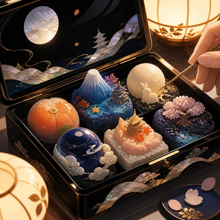 A jewel-like box of seasonal wagashi shaped as miniature fantasy landscapes, presented moments before someone takes the first bite. Intimate close-up with shallow depth and layered