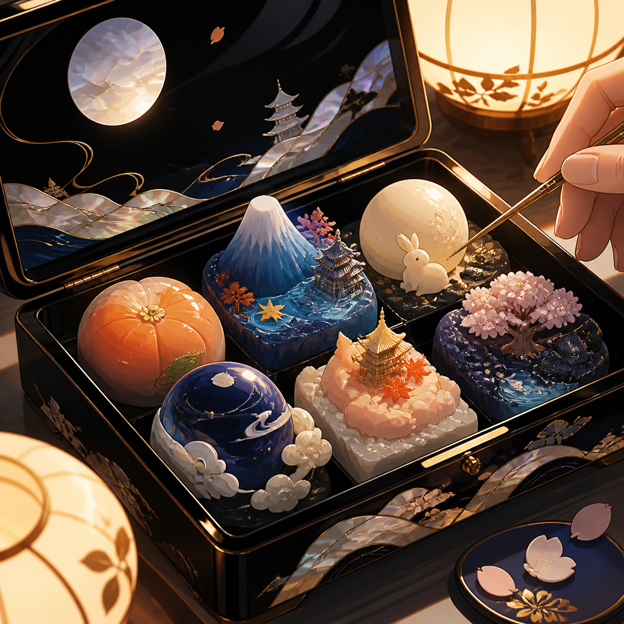 A jewel-like box of seasonal wagashi shaped as miniature fantasy landscapes, presented moments before someone takes the first bite. Intimate close-up with shallow depth and layered foreground details. Cobalt, persimmon o