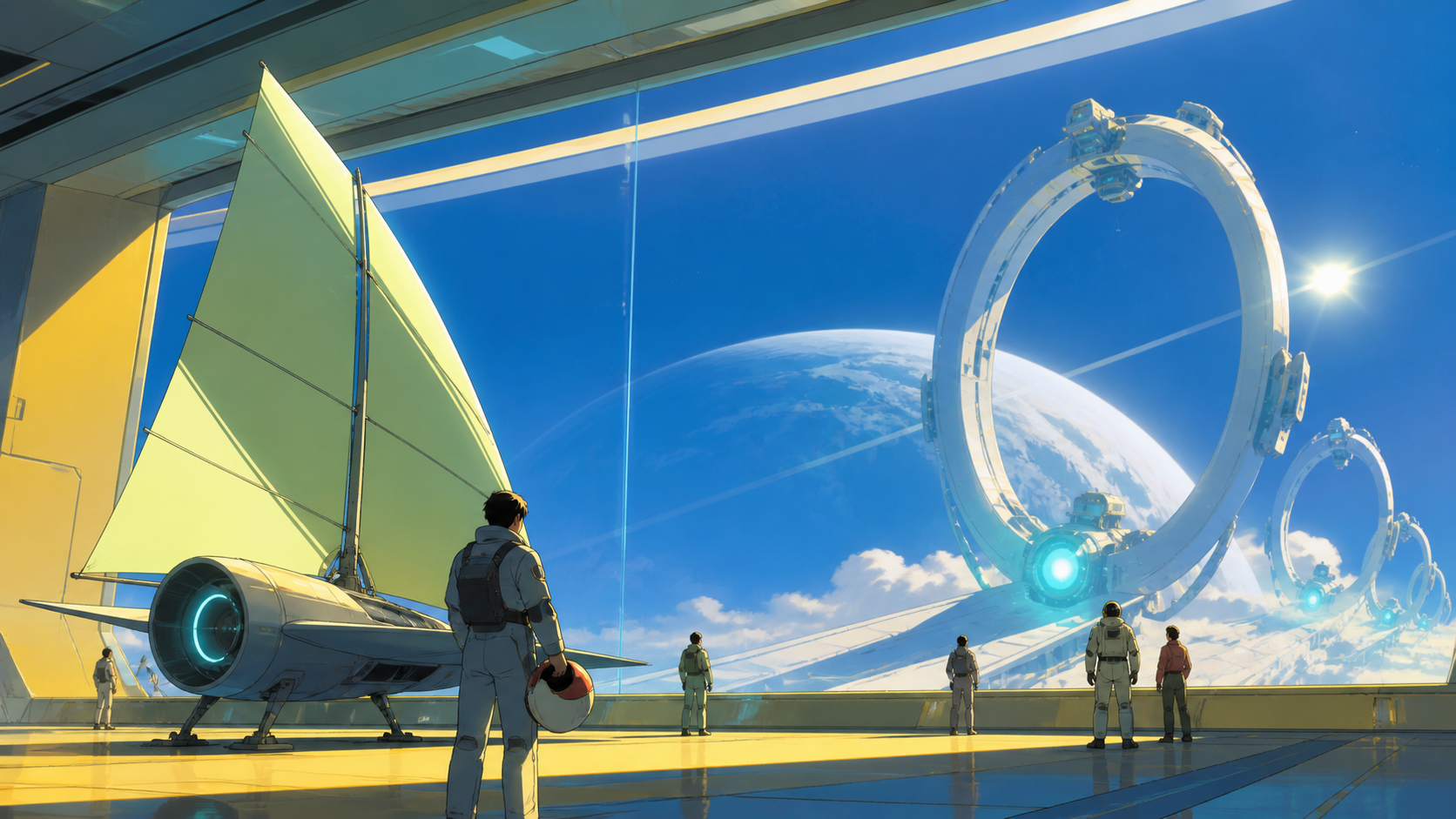 A courier racing a compact solar sailer between moving orbital gates, at the threshold between routine procedure and genuine discovery. Wide landing tableau with crew, vessel, and discovery in distinct layers. Soft pista
