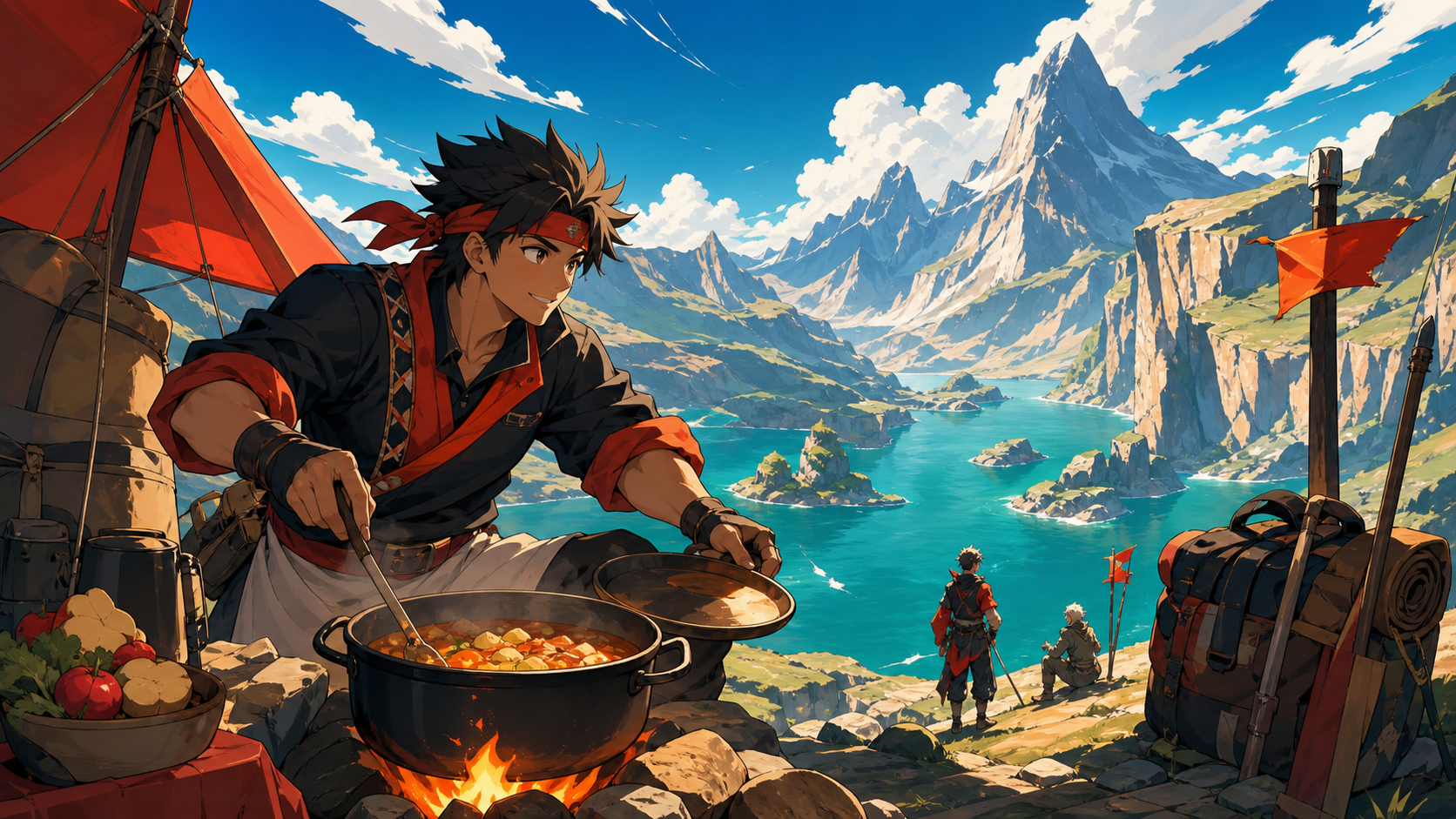 An expedition cook preparing supper beside a newly discovered inland sea, during a practical pause in a longer journey. Medium camp scene opening onto a monumental distant view. Vermillion, charcoal, warm ivory, and weat