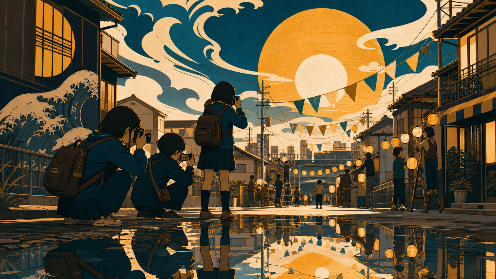 A middle-school photography club documenting unusual reflections, as neighbors prepare together for a small local celebration. Street-level view with foreground pedestrians and a clear destination beyond. Saffron, peacoc