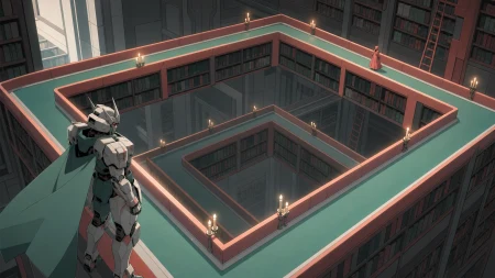 A library whose shelves form a walkable loop around the room, as one character discovers a shortcut between two orientations. Wide axonometric-like scene with multiple readable rou