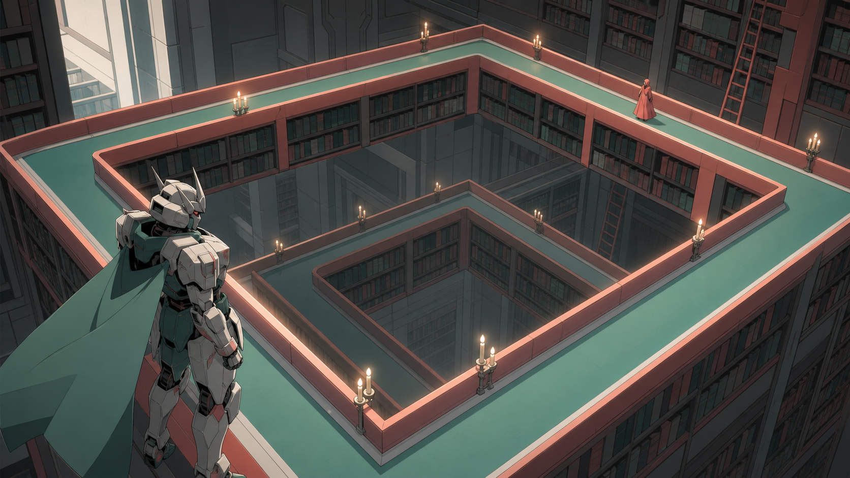 A library whose shelves form a walkable loop around the room, as one character discovers a shortcut between two orientations. Wide axonometric-like scene with multiple readable routes. Sea-glass green, faded coral, storm