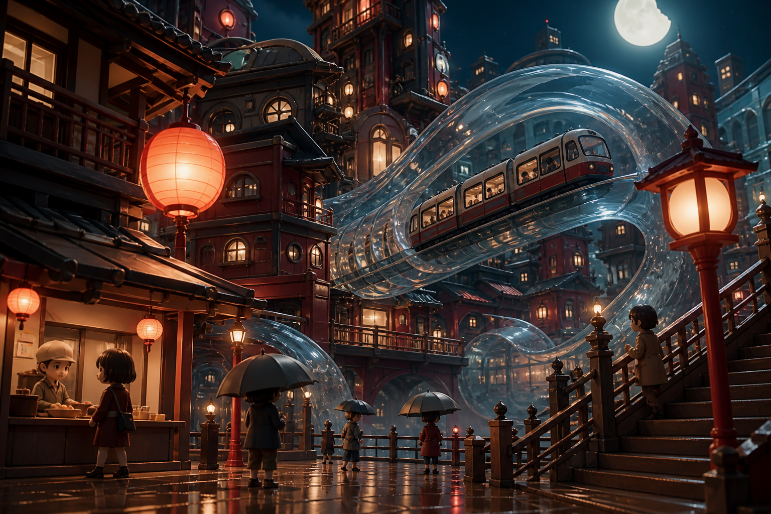 A vertical coastal city whose transit lines move through enormous transparent waves, on a humid night after rain, full of reflections and everyday life. Street-level cinematic view looking upward through layered architec