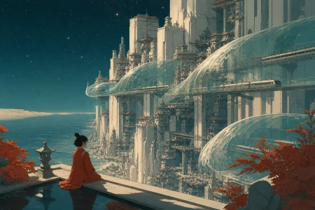 A vertical coastal city whose transit lines move through enormous transparent waves, during a crowded morning commute seen from a quiet rooftop garden. Grand city panorama balanced