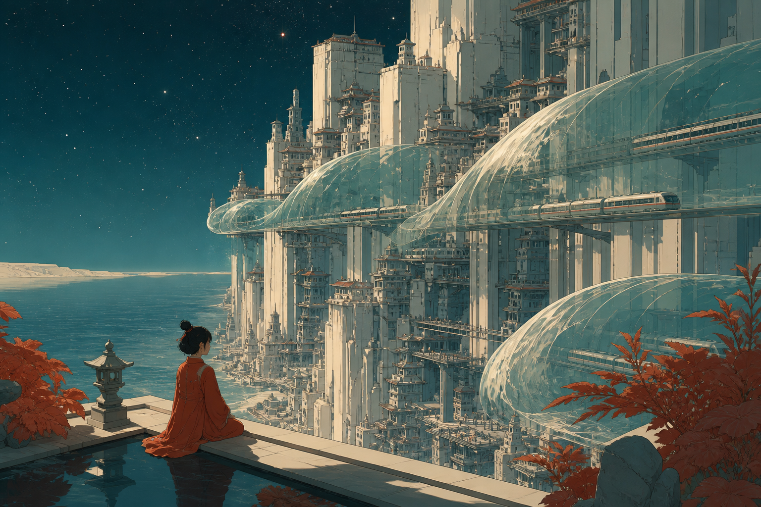 A vertical coastal city whose transit lines move through enormous transparent waves, during a crowded morning commute seen from a quiet rooftop garden. Grand city panorama balanced by one intimate foreground detail. Verm