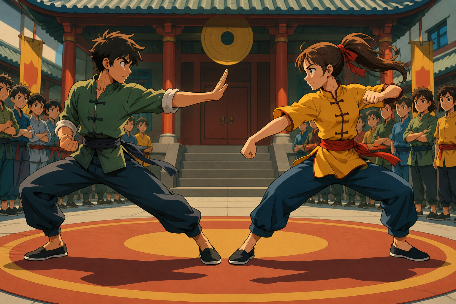 Two teenage martial artists sparring respectfully in a school courtyard, during a friendly contest where skill and personality both read clearly. Symmetrical pre-duel composition broken by one sudden gesture. Clay red, s