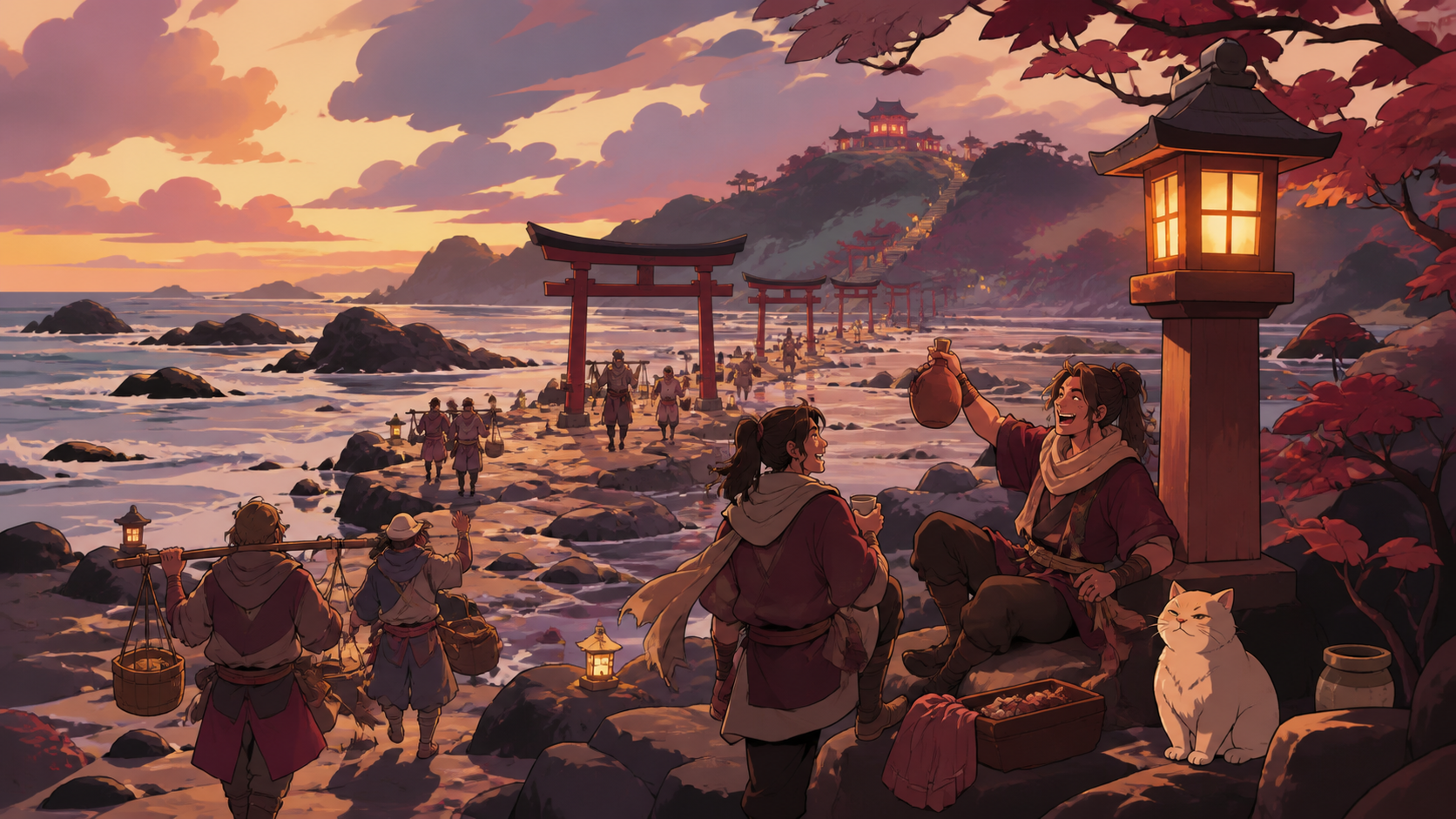 A coastal shrine path uncovered only during the lowest winter tide, at the transition between two kinds of weather. Tranquil landscape panorama with a strong foreground-to-distance rhythm. Muted rose, parchment, muted pl