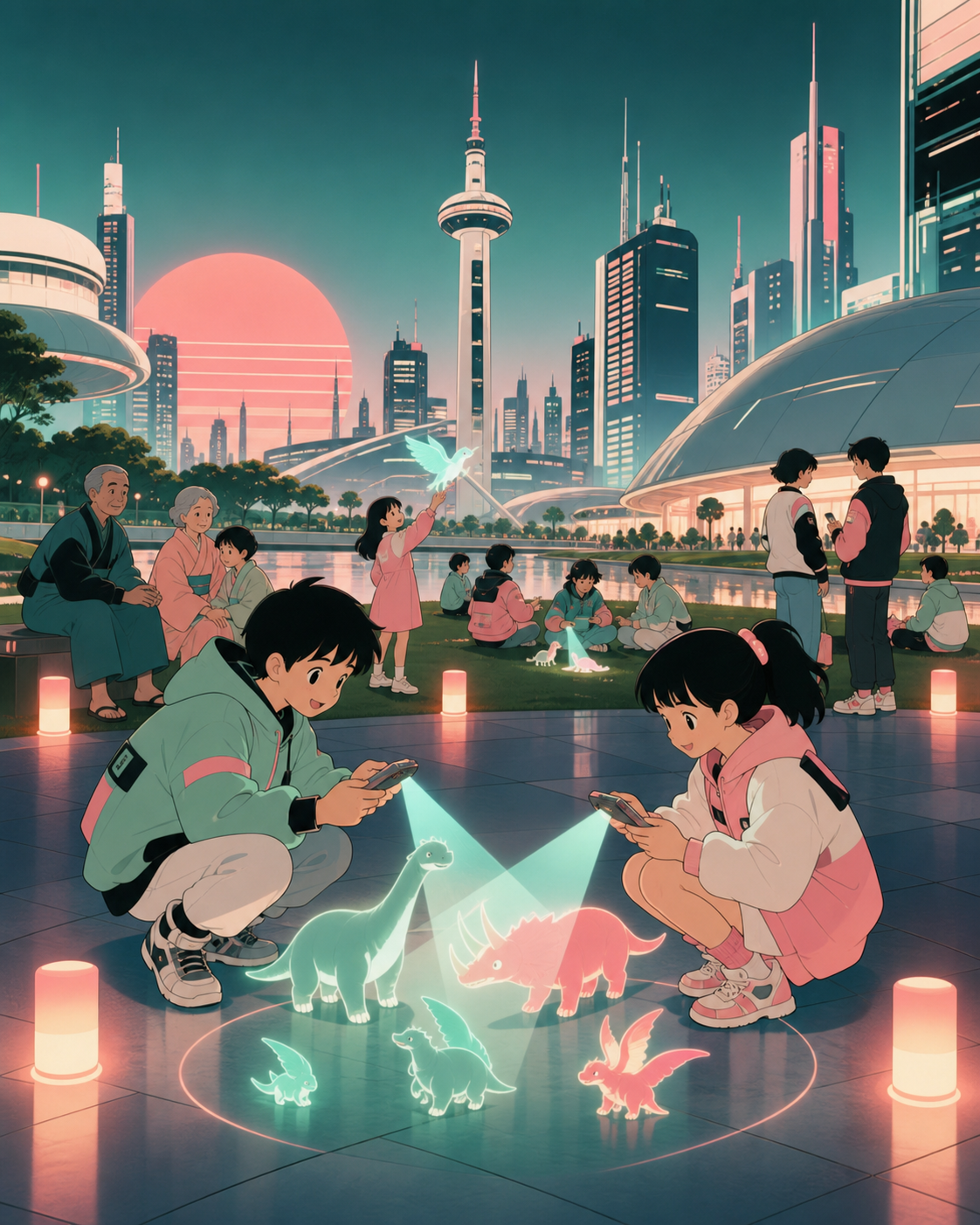 Children steering miniature projected creatures through a public park, as old and new entertainment traditions overlap naturally. Wide social scene balancing the activity with the futuristic skyline. Celadon, coral pink,