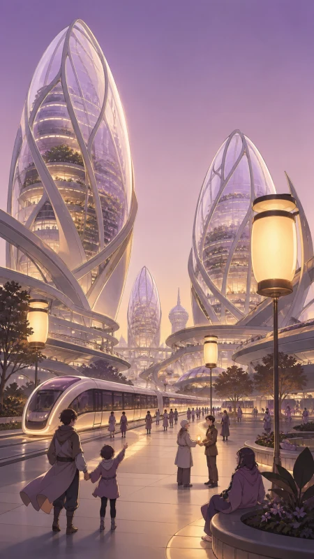 A city grown around enormous translucent seed-shaped towers, during normal public life with biological technology clearly serving people. Grand civic avenue view with biological to
