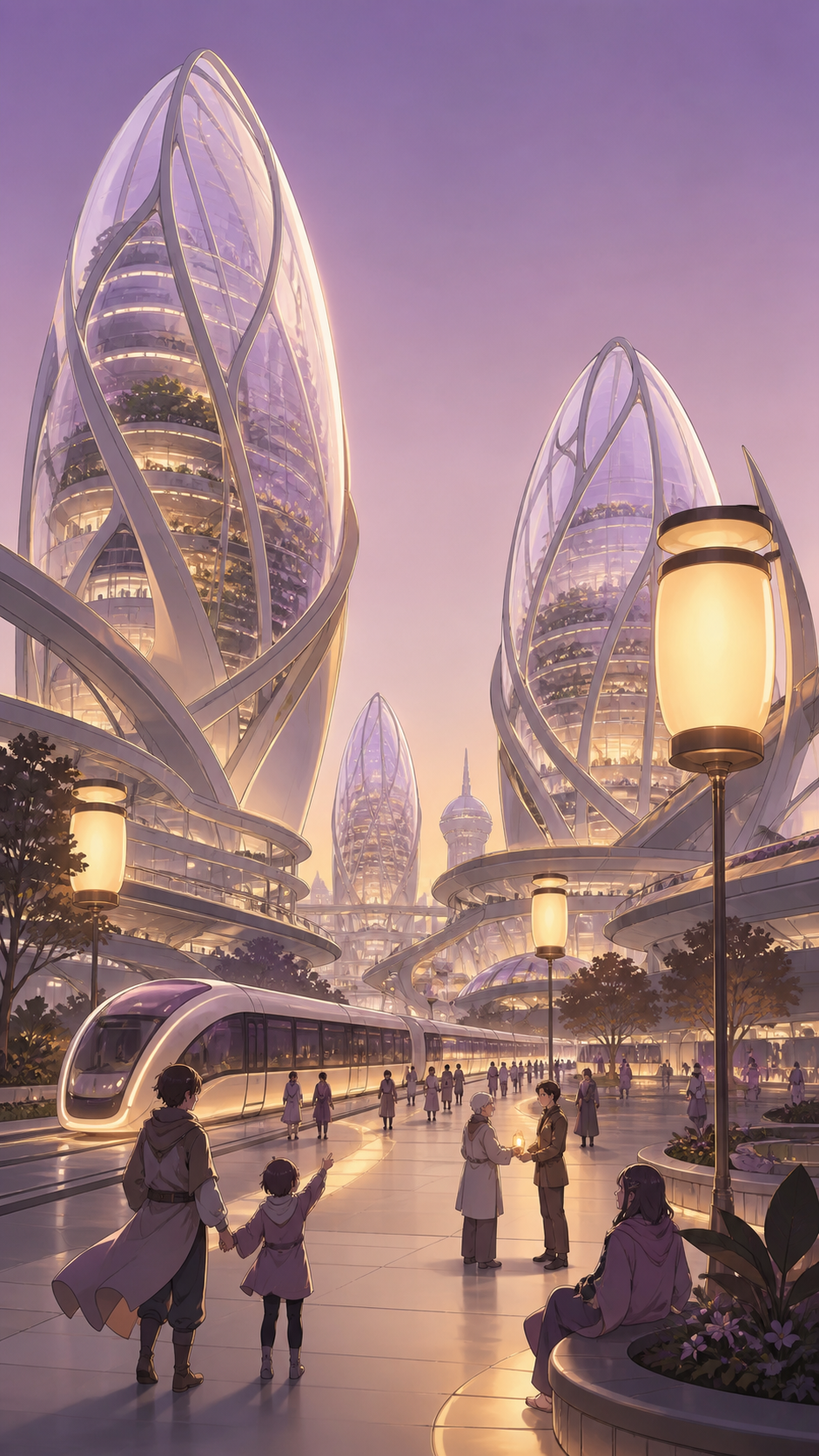 A city grown around enormous translucent seed-shaped towers, during normal public life with biological technology clearly serving people. Grand civic avenue view with biological towers framing daily activity. Mulberry, t