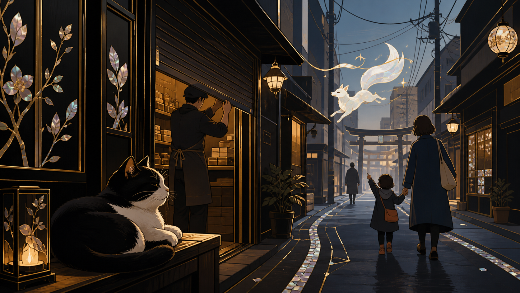A sleepy cat watching the first shop shutters rise in a quiet alley, during an ordinary weekday interrupted by one gentle supernatural event. Street-level view with foreground pedestrians and a clear destination beyond. 