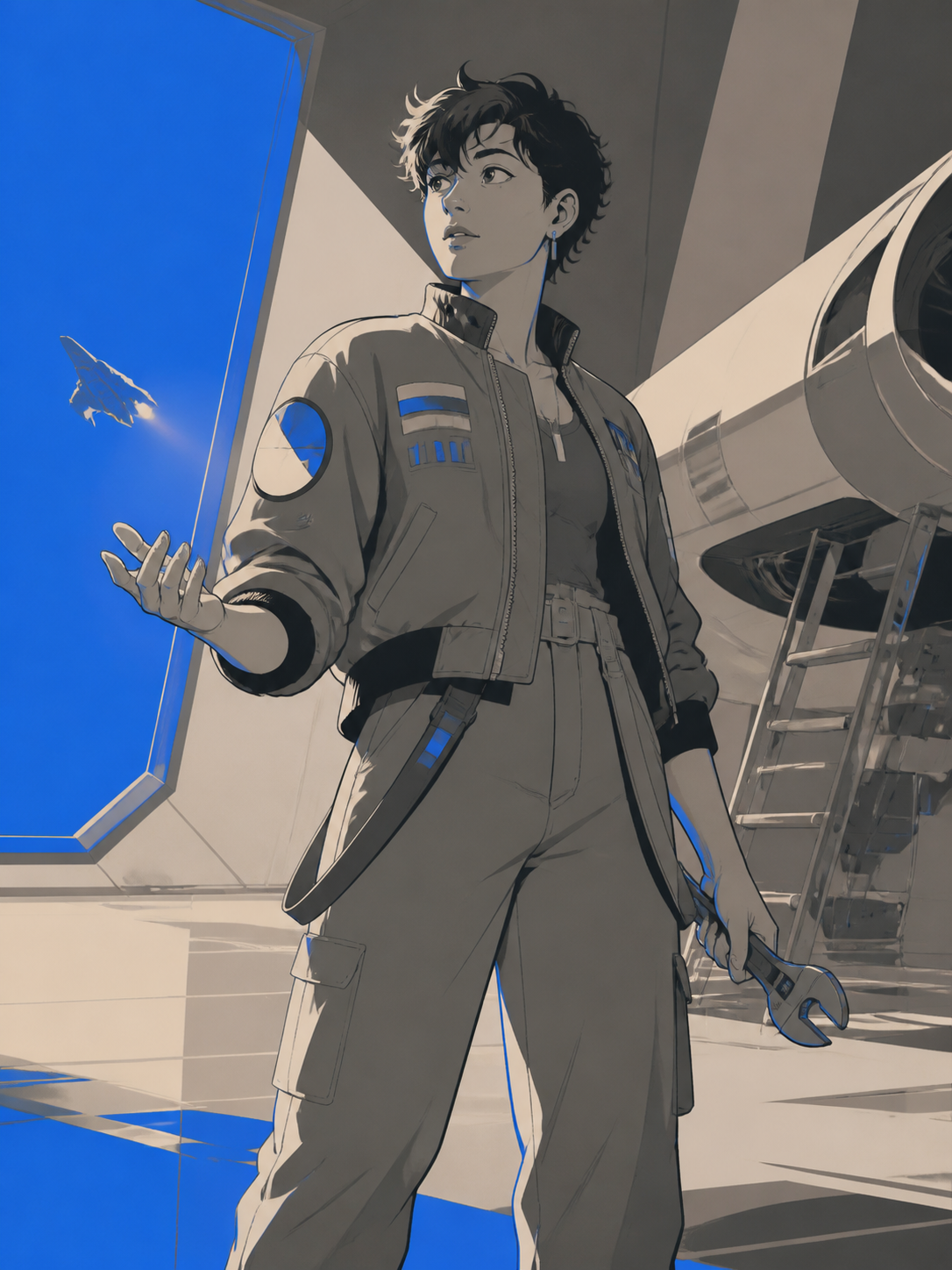 An adult nonbinary spacecraft mechanic wearing a patched flight jacket, looking just outside frame as an unexpected visitor arrives. Confident full-body editorial portrait with a strong graphic silhouette. Soft monochrom