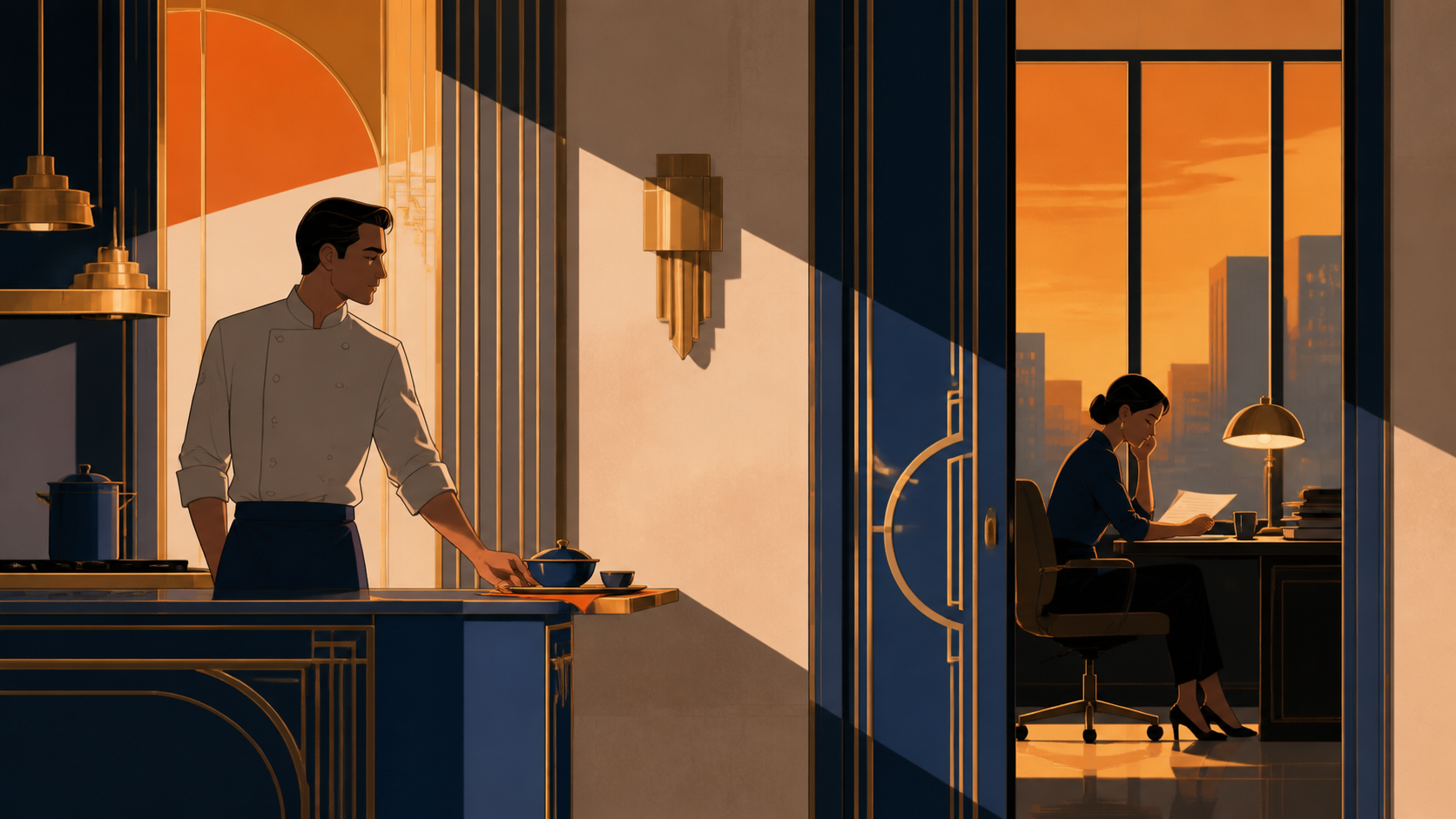 An adult chef leaving a quiet midnight meal for someone working late, captured through a small gesture rather than an exaggerated embrace. Cinematic two-person frame using architecture and negative space to express the r