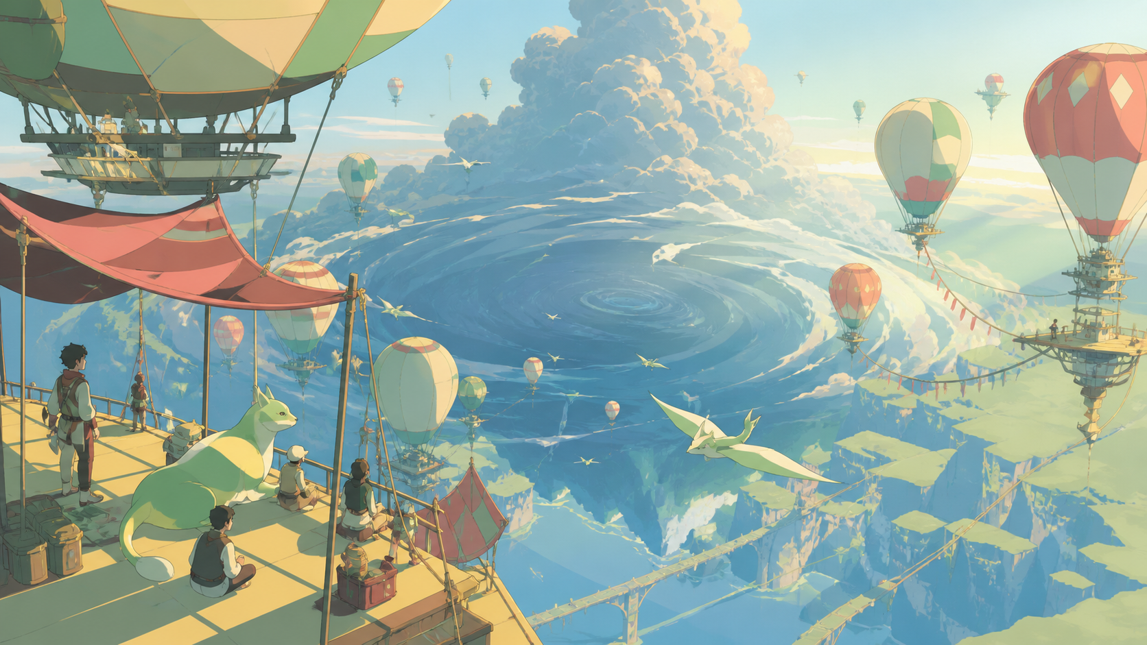 A balloon city gathering around a seasonal mountain-sized storm, during clear morning weather that reveals the depth below. Vertigo-inducing vertical composition balanced by a calm foreground activity. Soft pistachio, bu