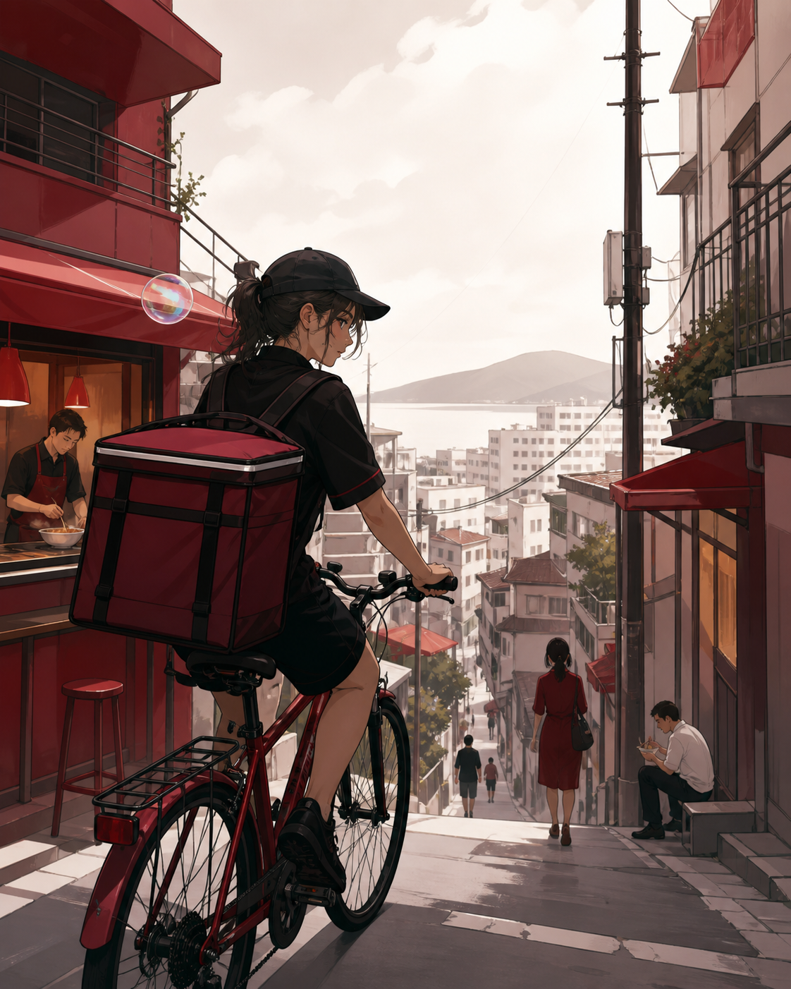 A bicycle courier delivering hot noodles through a steep hillside city, during a humid summer evening alive with ordinary neighborhood activity. Observational street-level frame with foreground movement and a clear focal