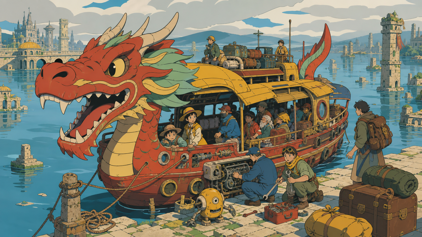 A dragon-shaped riverboat transporting travelers through a flooded kingdom, undergoing a small roadside repair in a vast unfamiliar landscape. Wide travel-poster composition without typography, emphasizing destination an