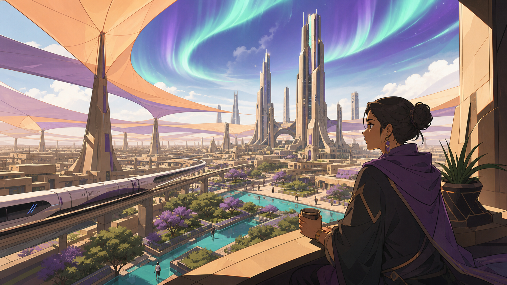 A solar-powered desert city shaded by kilometer-wide silk canopies, as a rare aurora bends around the tallest structures. Grand city panorama balanced by one intimate foreground detail. Apricot, orchid purple, pool turqu