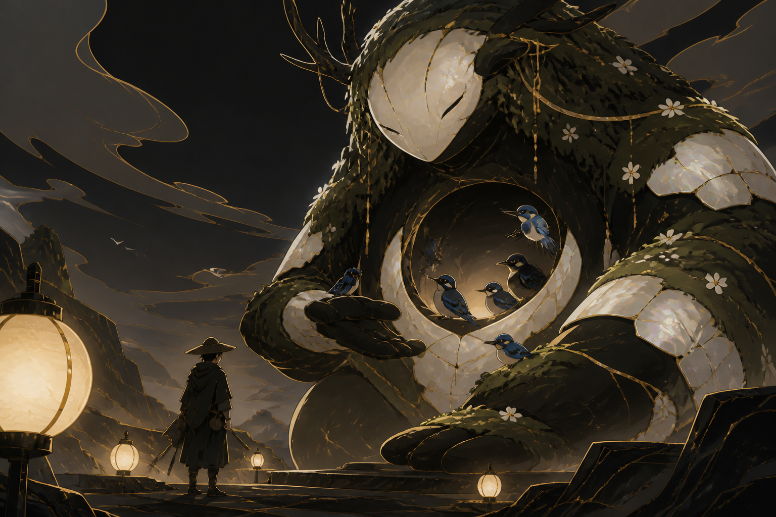A gentle moss-covered guardian with a hollow chest full of songbirds, meeting a lone traveler without hostility for the first time. Low-angle encounter framed by terrain and atmospheric depth. Soft monochrome with a sing