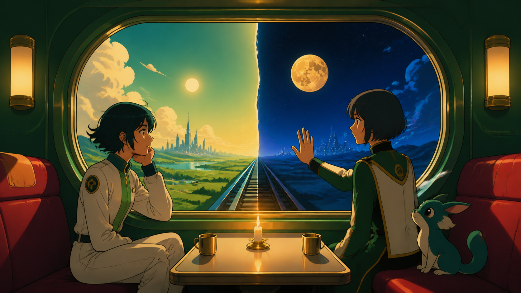A train crossing from afternoon into night through a single curved window, as characters test the boundary between two connected realities. Symmetrical frame contrasting two realities through a central boundary. Emerald,