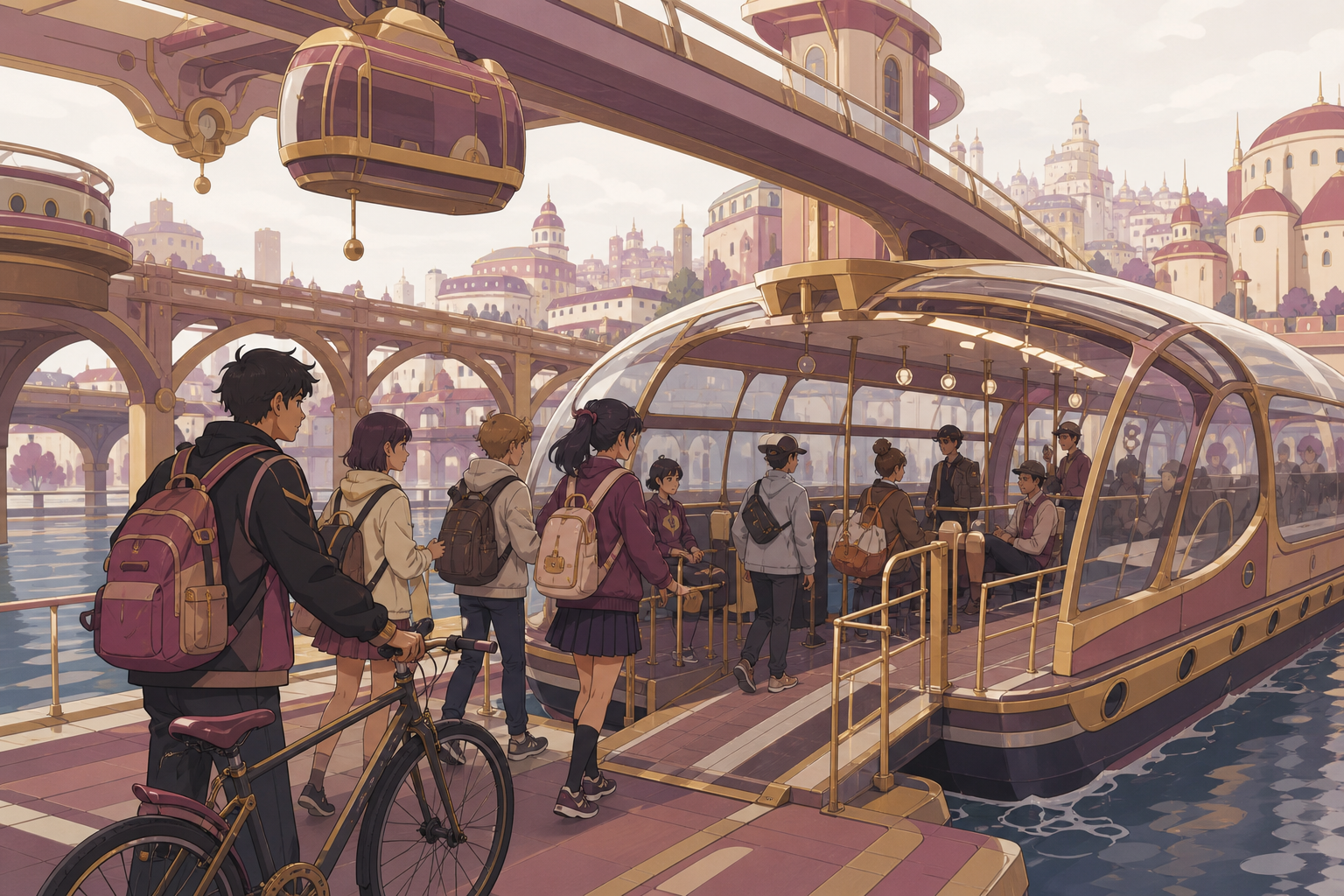 Teen commuters boarding a transparent ferry beneath glowing bridges, during a brief stop that brings unrelated passengers together. Elevated city view following one luminous route through the districts. Muted rose, parch