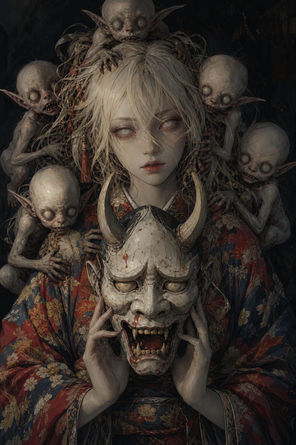 An eerie, dark fantasy digital painting featuring a pale young woman with luminous, milky-white eyes and messy platinum-blonde hair. She wears a vibrant, intricately patterned floral kimono in shades of red, blue, and ye