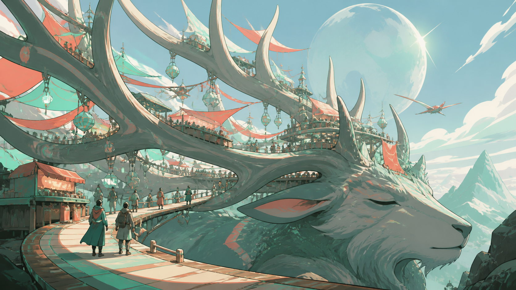 A moonlit market built across the antlers of a sleeping forest god, with tiny travelers revealing the monumental scale. Epic establishing shot with a clear visual path into the world. Sea-glass green, faded coral, storm 