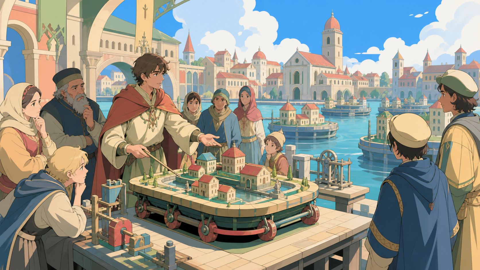 A medieval urban planner presenting a practical model of a floating district, grounded in everyday work and convincing period behavior. Wide period street scene centered on the alternate technology in use. Soft pistachio