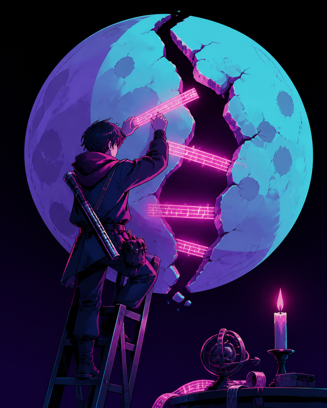 A musician repairing a broken moon with strips of melody, during an ordinary action whose symbolic meaning is immediately legible. Poetic centered composition built around one symbolic action. Saturated magenta, electric