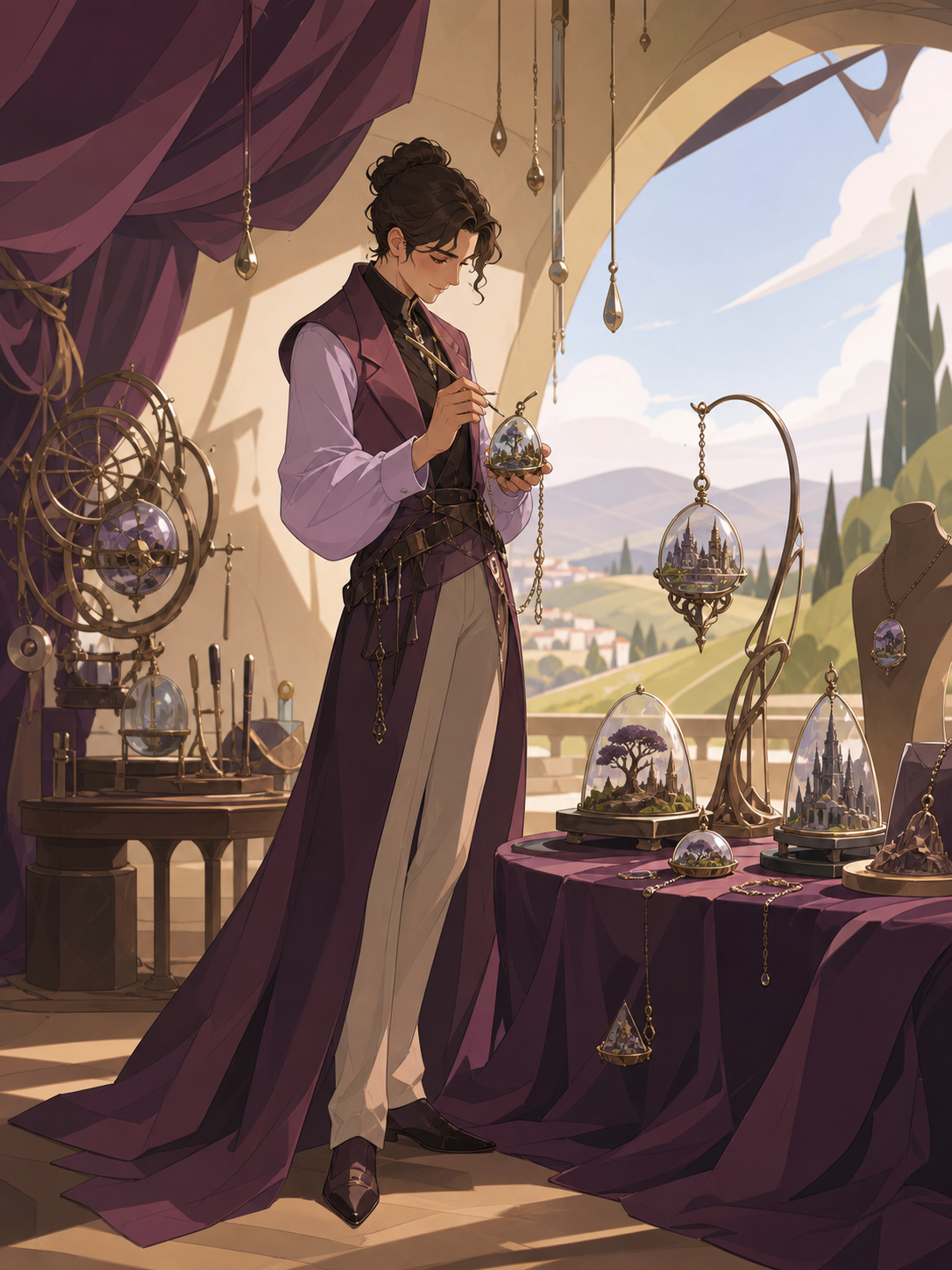 A jeweler arranging wearable miniature worlds for a private viewing, as an unexpected material behavior inspires a better final design. Full-body editorial frame with generous negative space. Mulberry, tea brown, tarnish