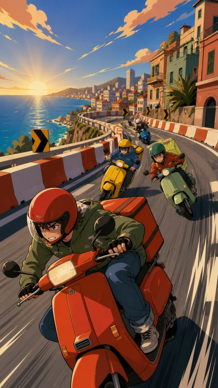 Delivery scooters weaving through a playful closed-course city race, on a winding coastal road under rapidly changing light. Long-lens road view compressing several racers into one