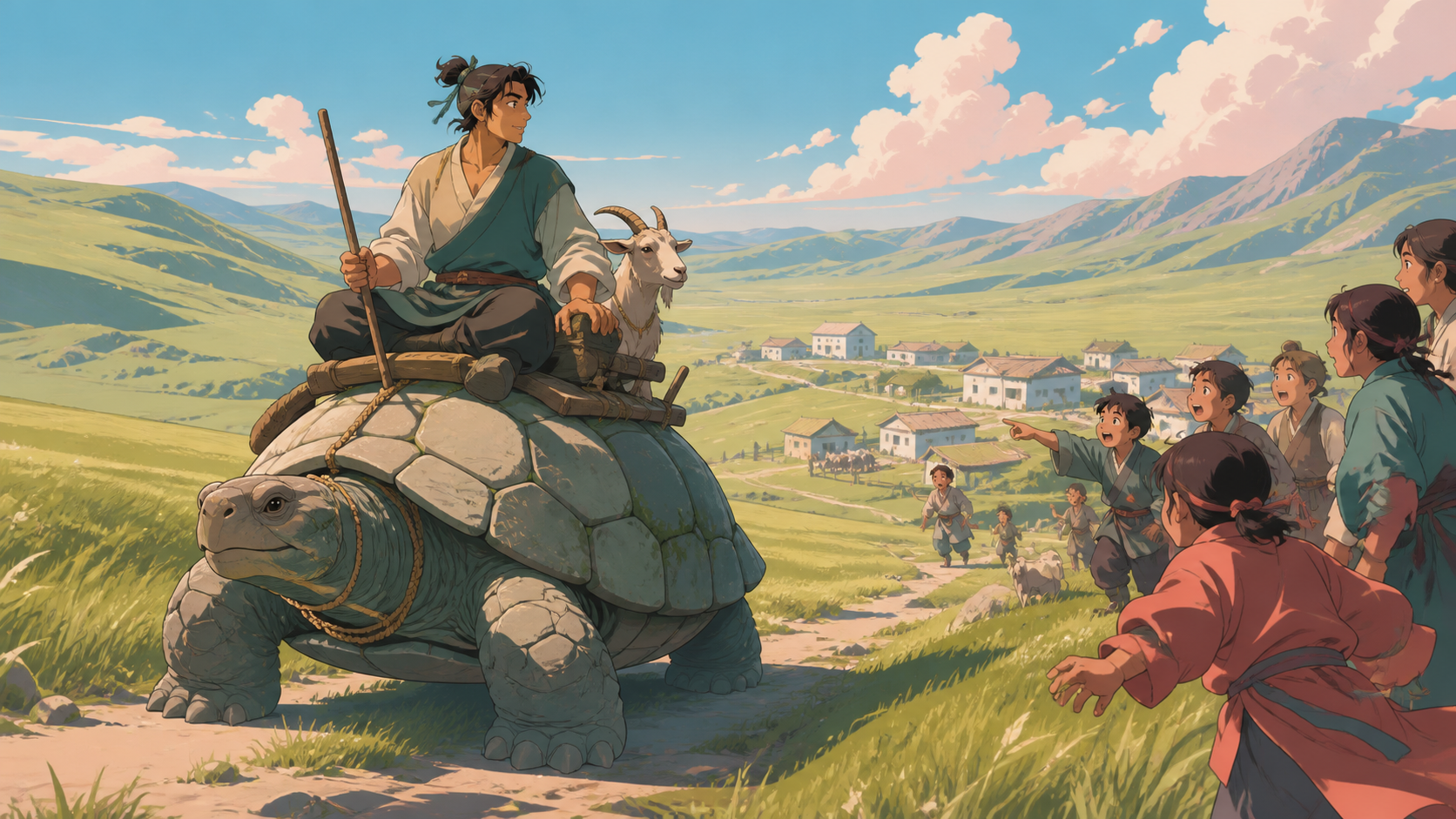A goat herder crossing high grasslands on the back of a patient stone turtle, when one small natural irregularity becomes a village event. Medium environmental portrait connecting one worker to their craft. Celadon, cora