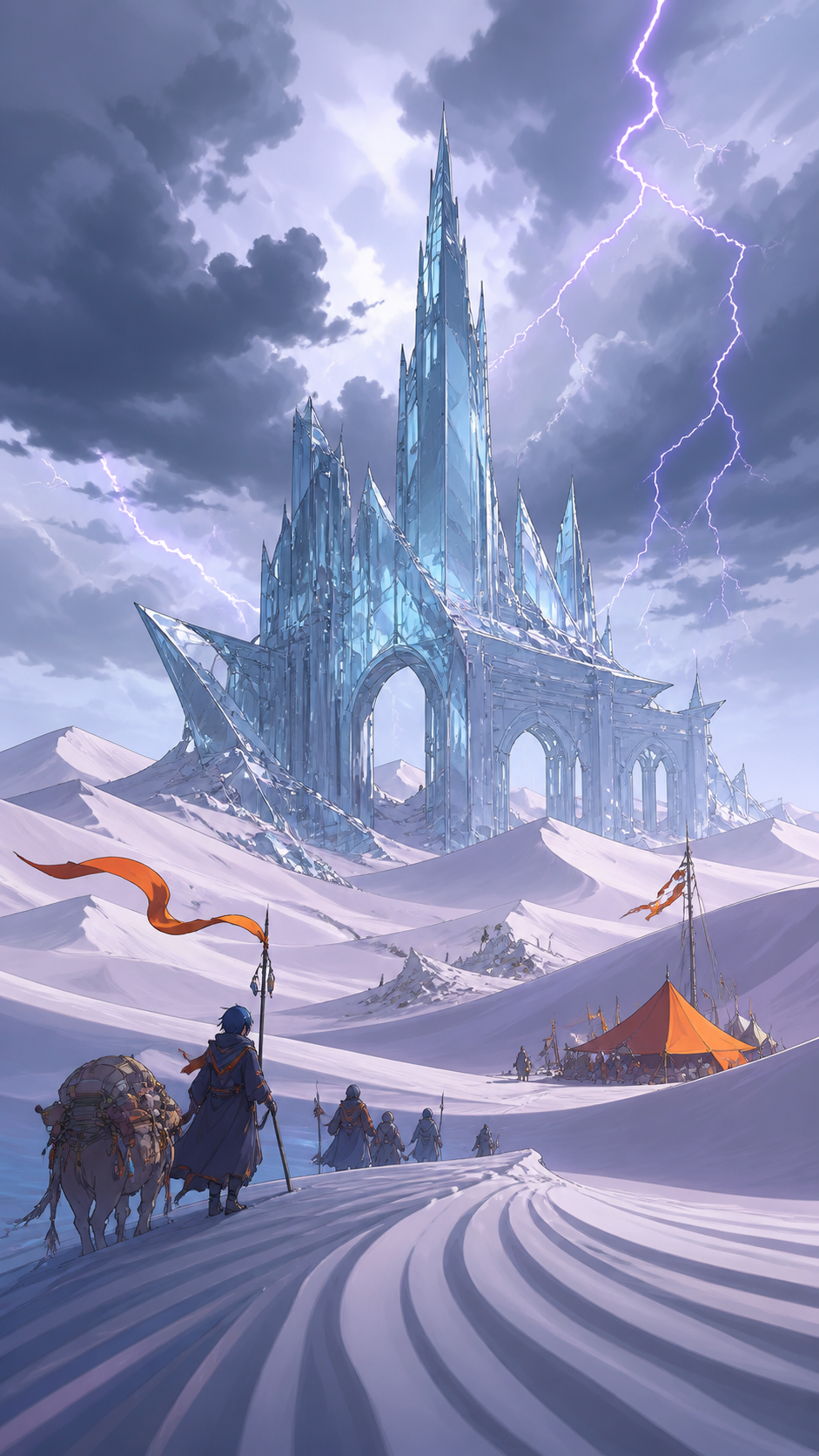 A glass ruin emerging from dunes after a rare electric storm, with tiny travelers and camp details emphasizing the monumental landscape. Low desert viewpoint using foreground wind patterns to lead toward the destination.
