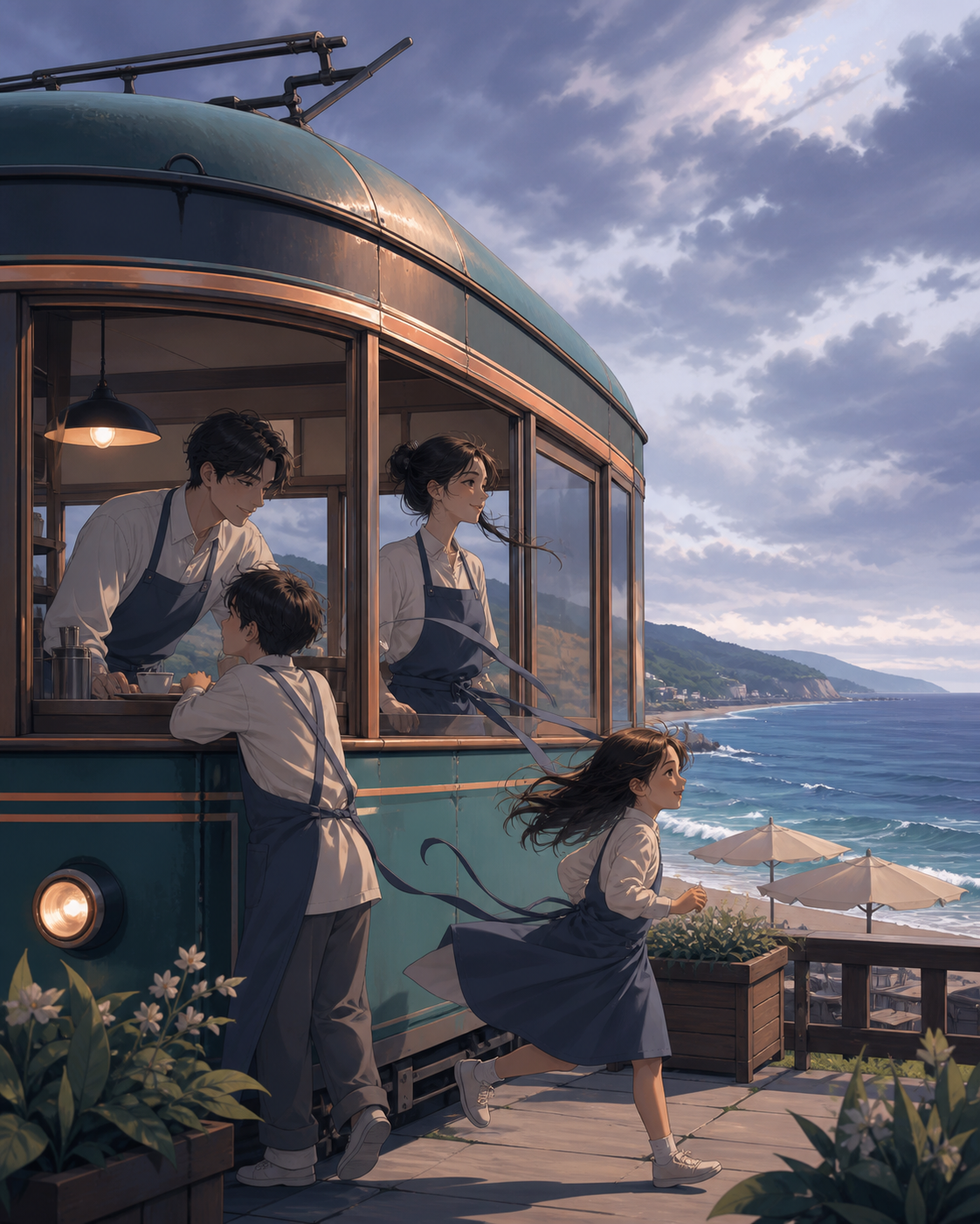 A family running a quiet seaside café from a converted tram, on a windy day with broad simple movement through clothing and water. Intimate group scene framed by broad water and sky zones. Moonlit indigo, oxidized copper