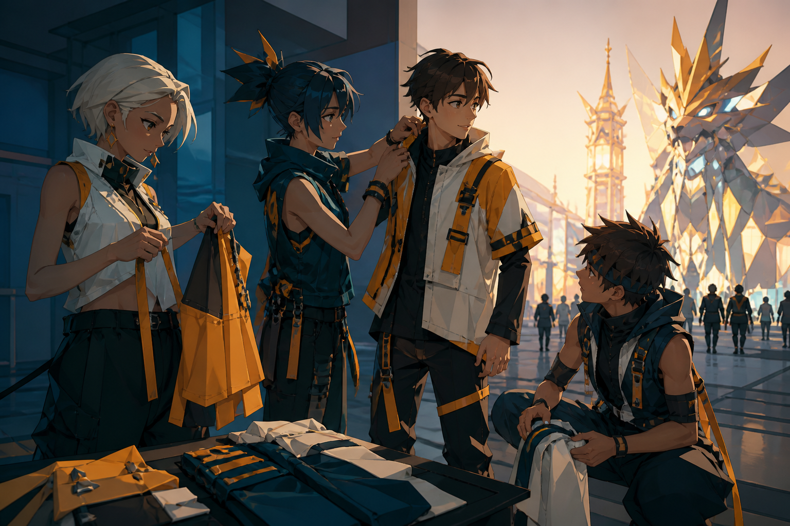 Friends styling modular clothing before a night parade, at a bold editorial moment grounded by natural human expression. Group editorial frame built around contrasting silhouettes. Saffron, peacock blue, dark umber, and 