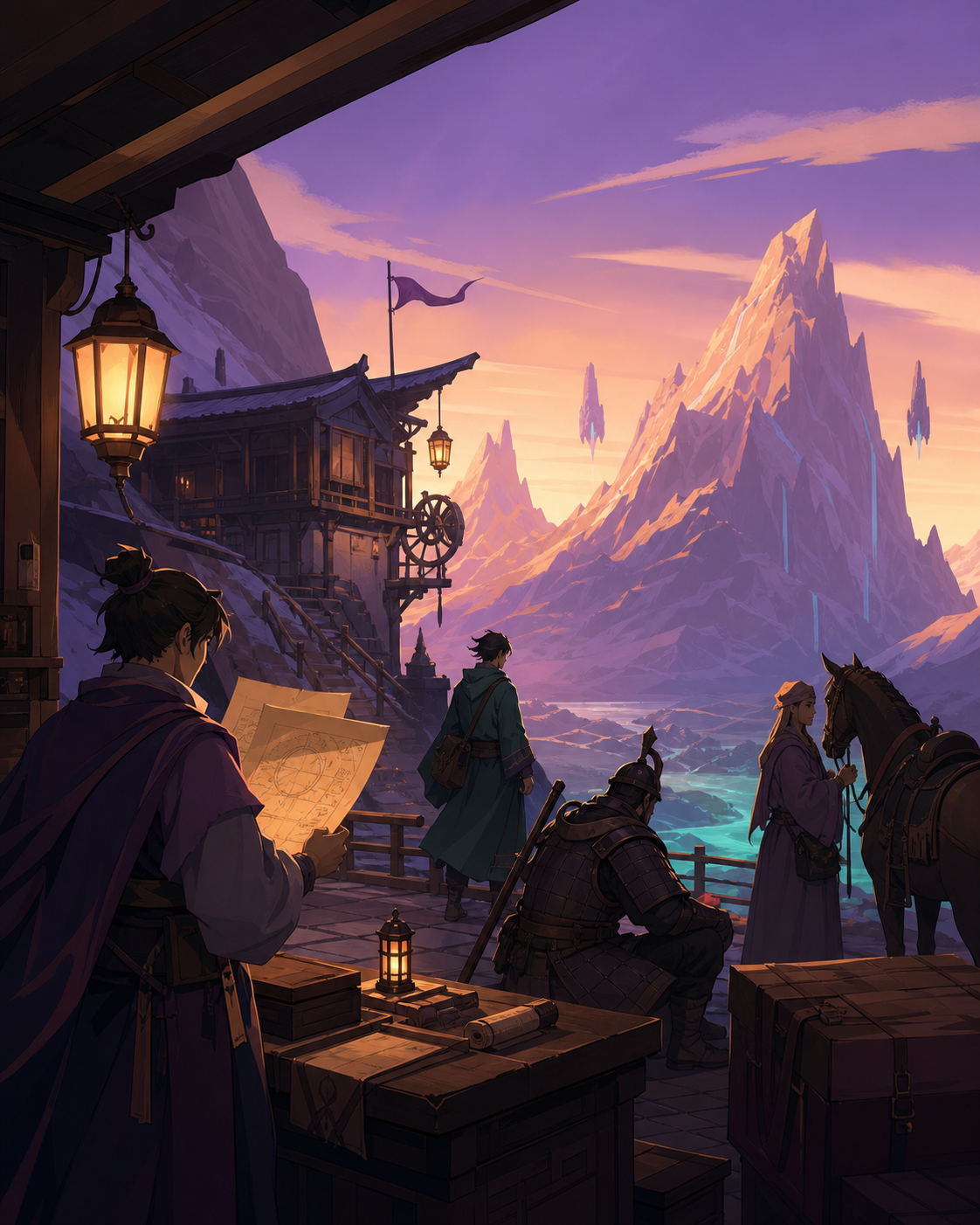 A mountain postal station serving travelers from several impossible centuries, at dawn after a discovery quietly changes their understanding of the world. Wide narrative composition with period architecture guiding the e