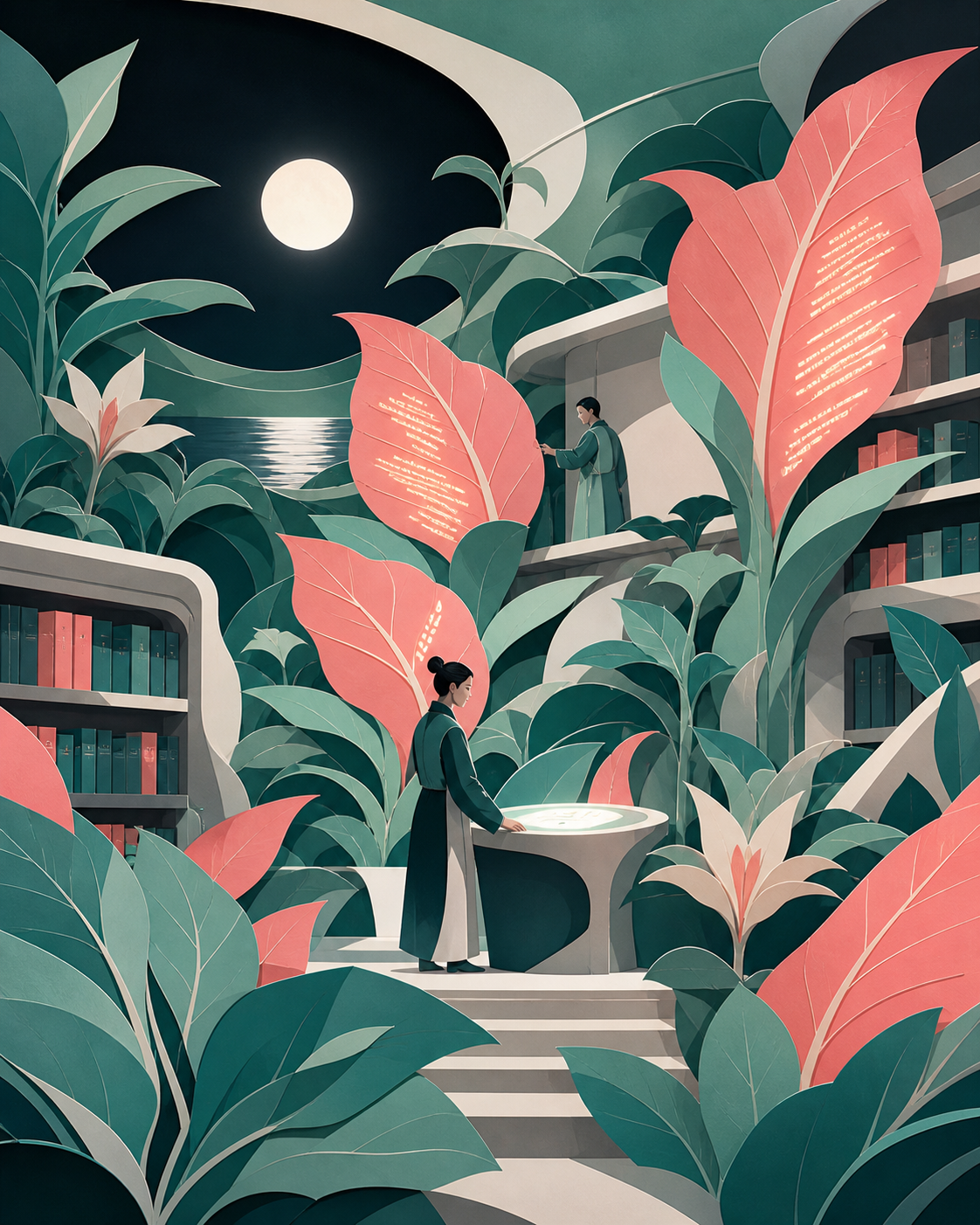 A library whose books are encoded in the changing colors of enormous leaves, at a peaceful moment of cooperation between technology and living systems. Lush environmental composition with technology discovered gradually 